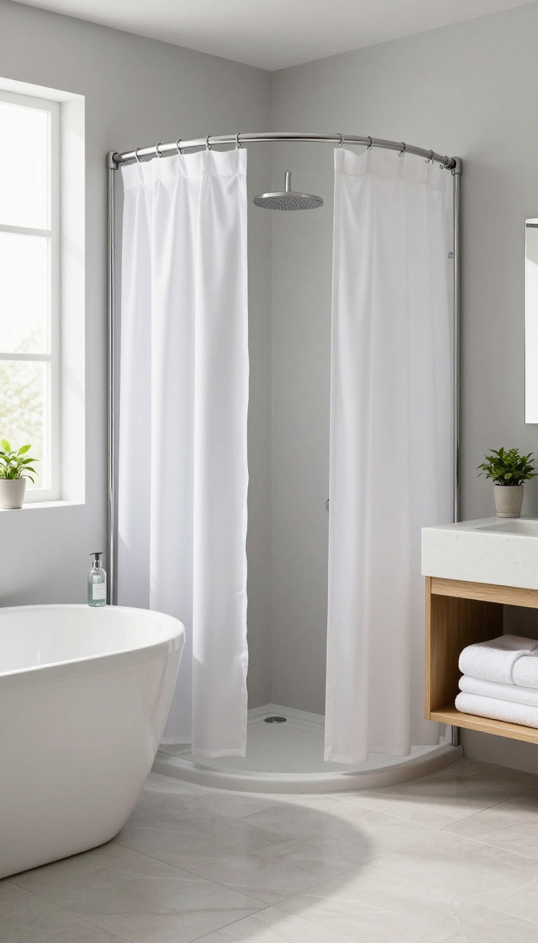 Corner bathtub and shower combo with curved shower rod in a bright, modern bathroom