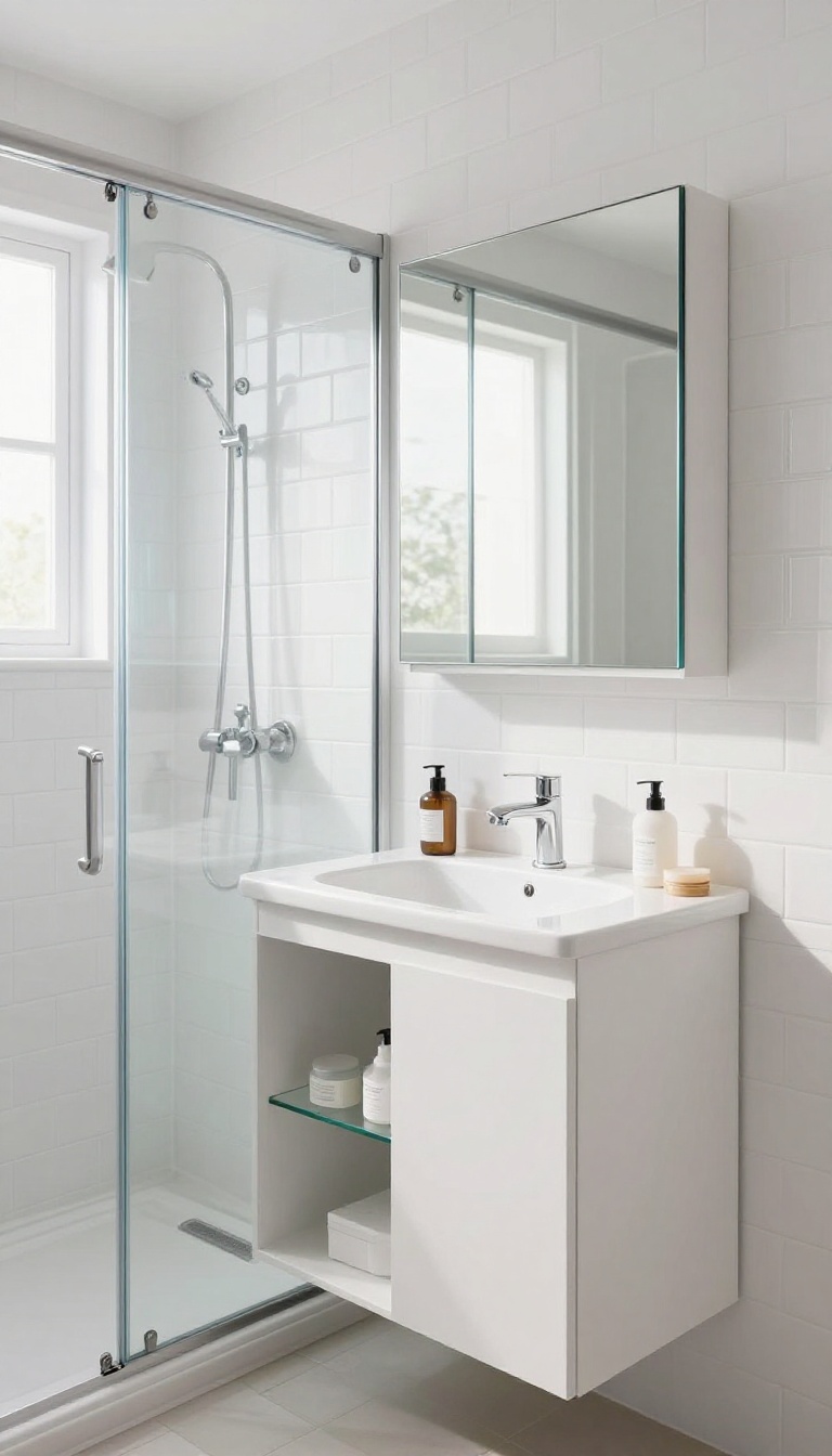 Small shower-only bathroom with a mirrored cabinet above a floating vanity, reflecting light and providing hidden storage.
