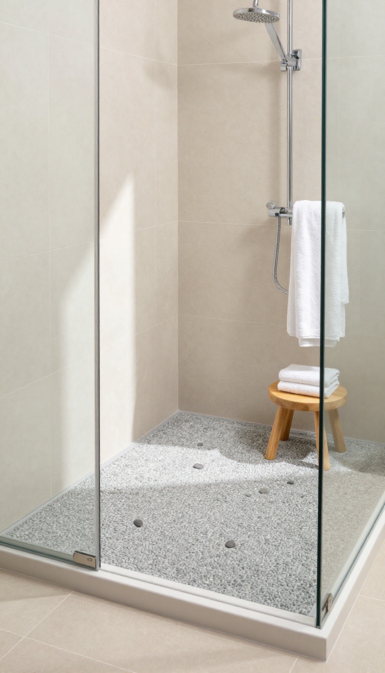 Pebble floor mat in a modern shower for slip resistance and natural texture