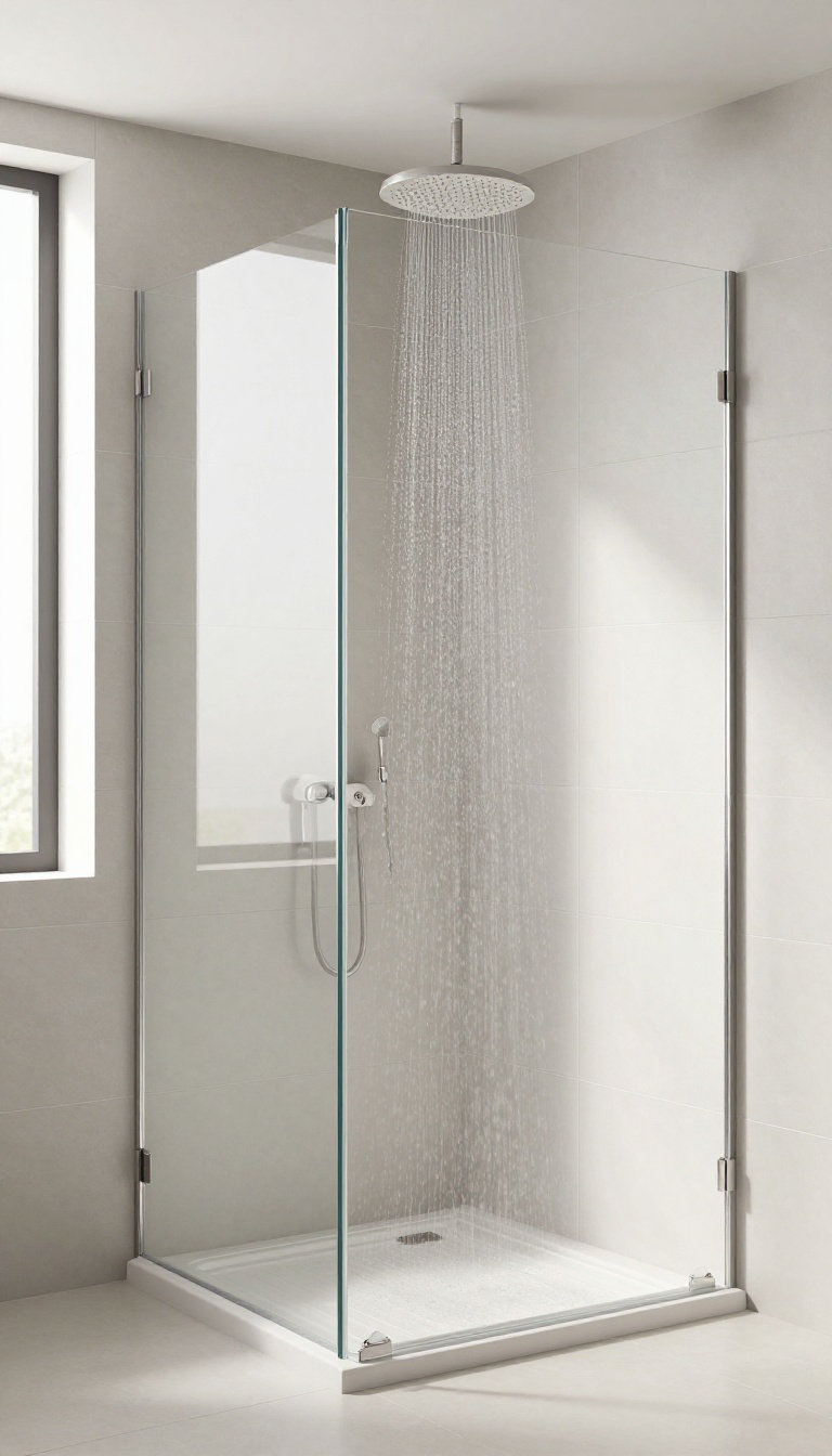 Small walk-in shower with a high ceiling-mounted rain showerhead in a bright, modern bathroom.