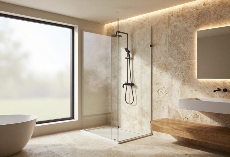 Modern shower with warm LED lighting and natural stone tiles