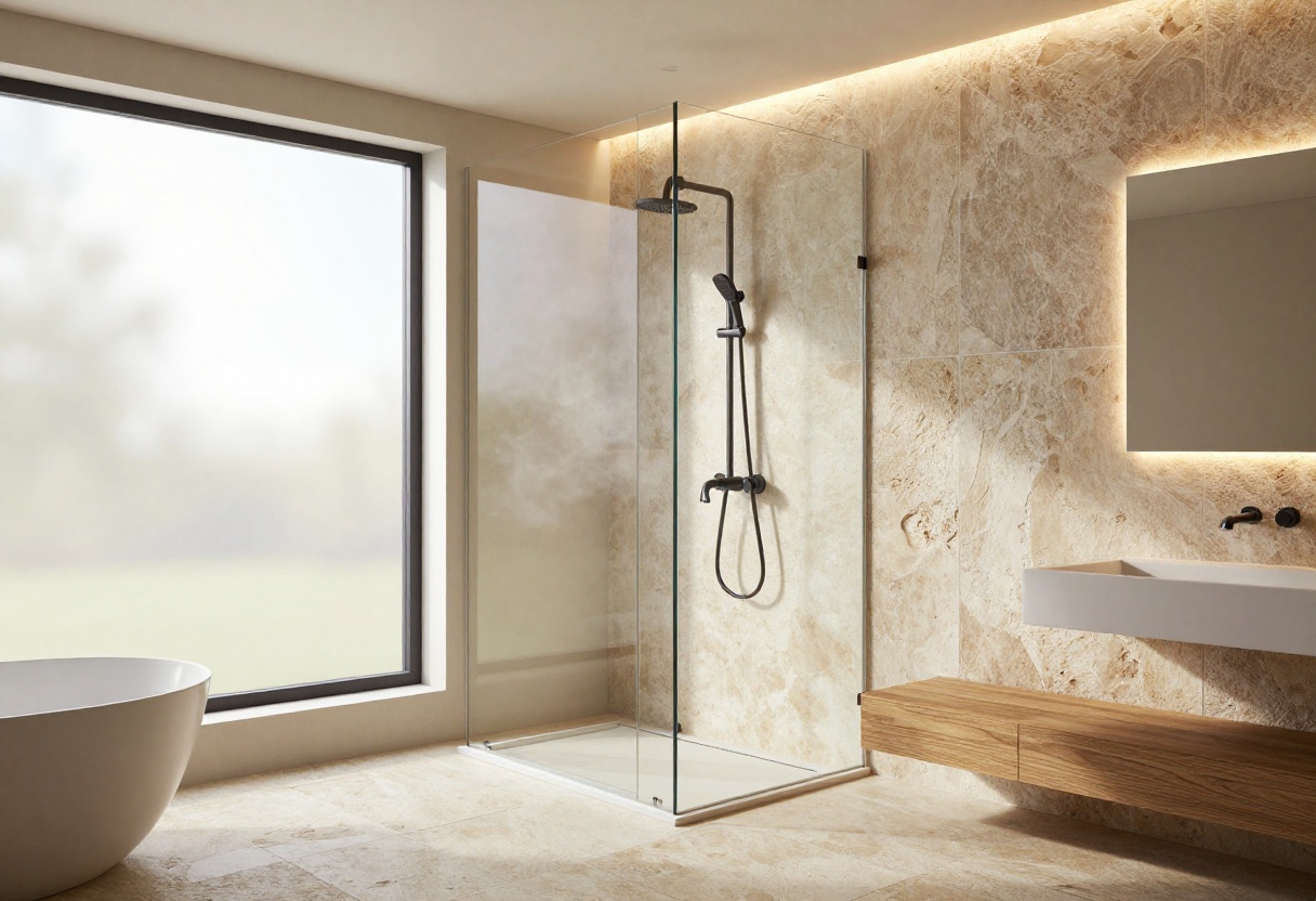 Modern shower with warm LED lighting and natural stone tiles
