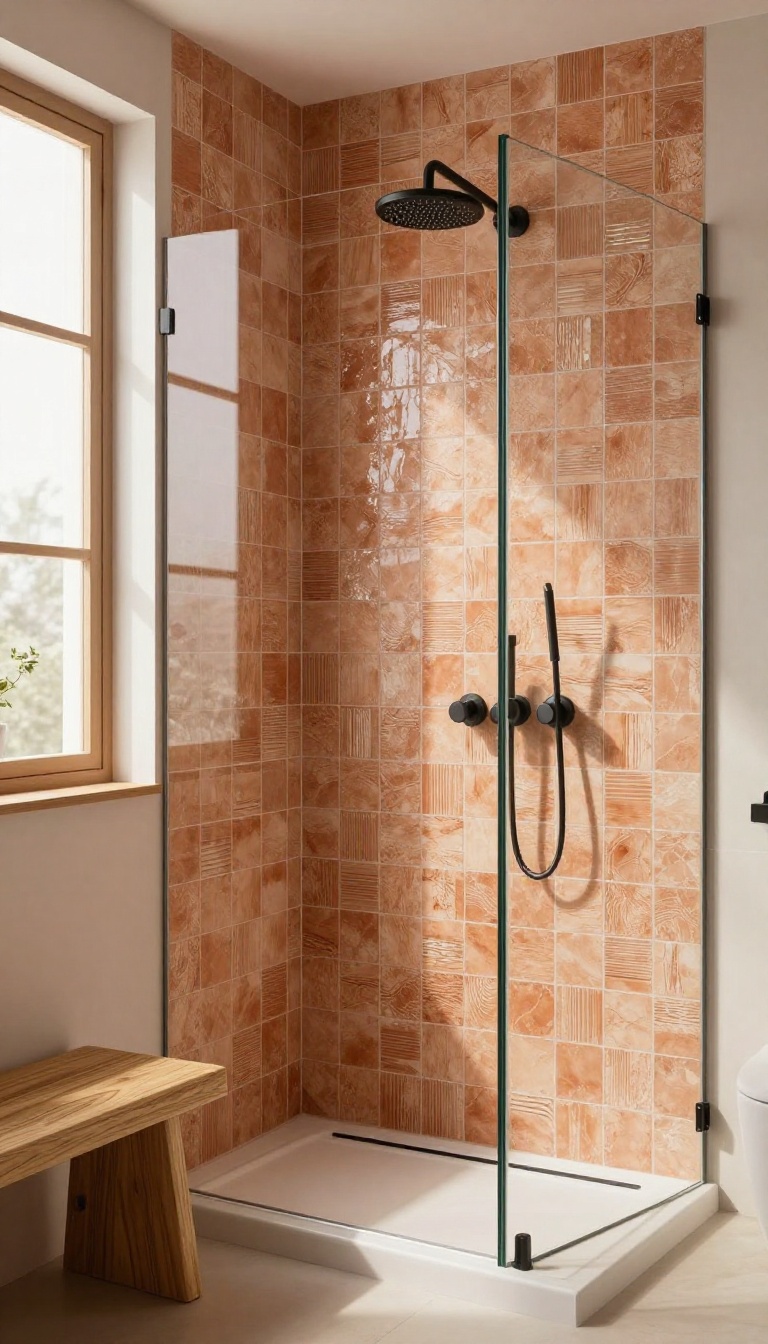 Large terracotta zellige tiles in a shower with matte black fixtures and natural wood accents