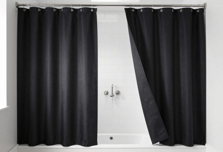 Modern bathroom with a black geometric shower curtain and white subway tile