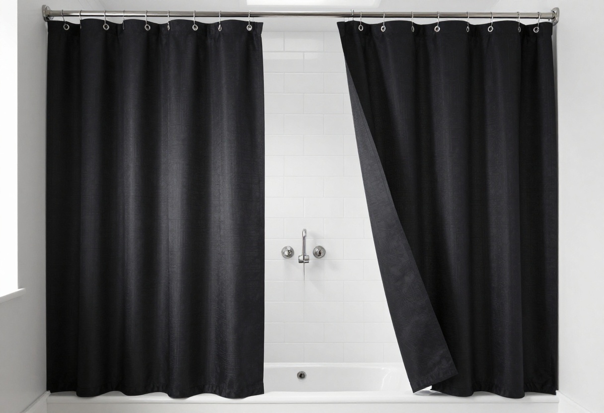 Modern bathroom with a black geometric shower curtain and white subway tile