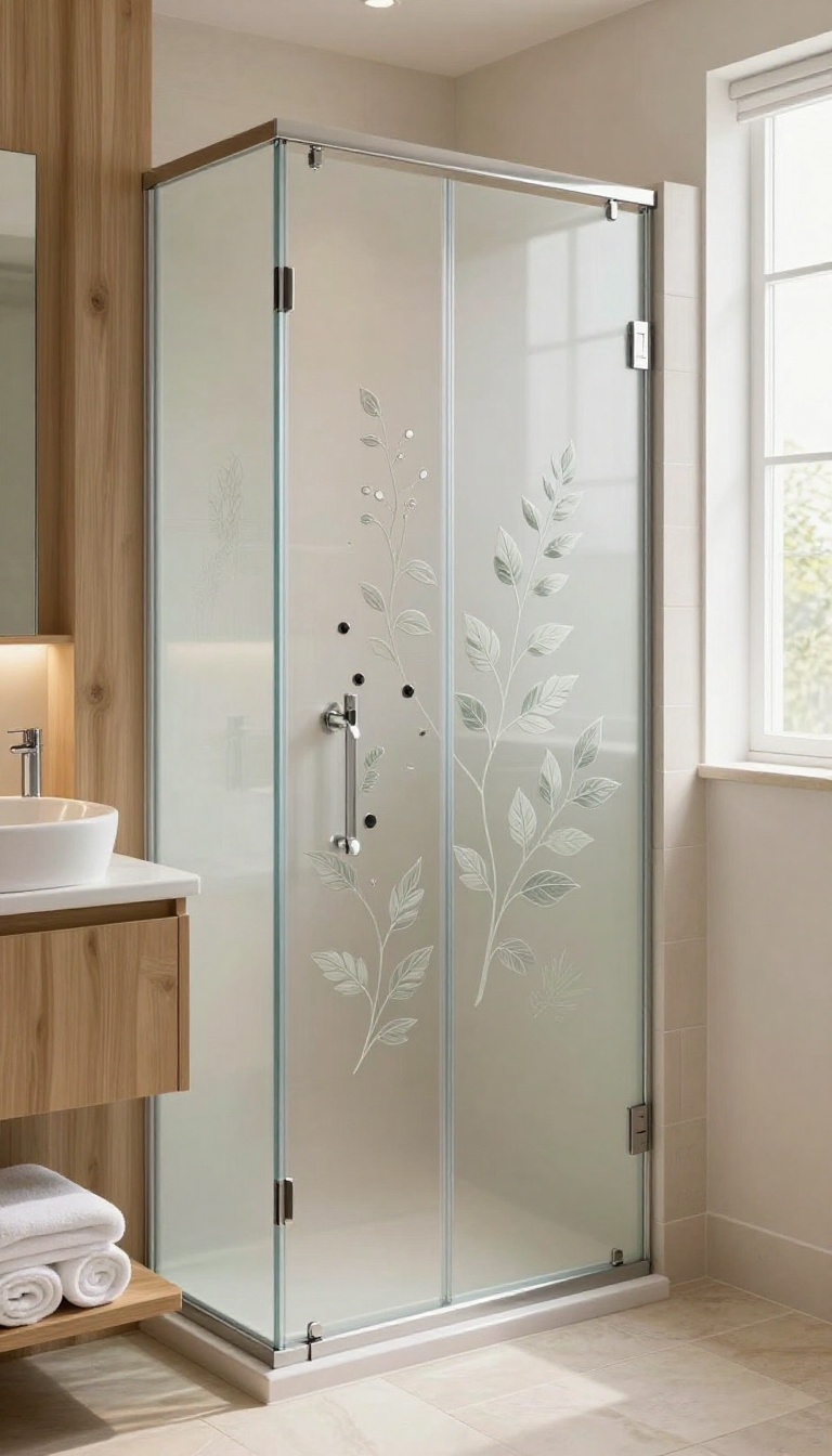 Custom etched frosted glass shower door with botanical design in a bright, warm bathroom