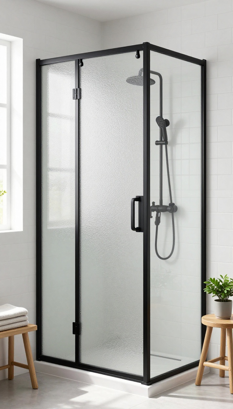 Frosted glass shower door with black metal frame in a bright, modern bathroom