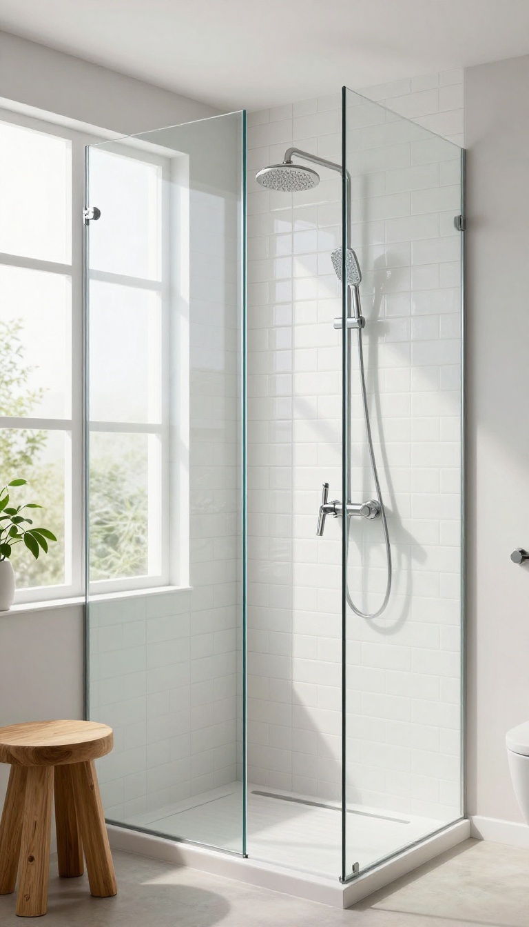 Modern master shower with vertically stacked white subway tile, glass enclosure, and rainfall showerhead in bright natural light.