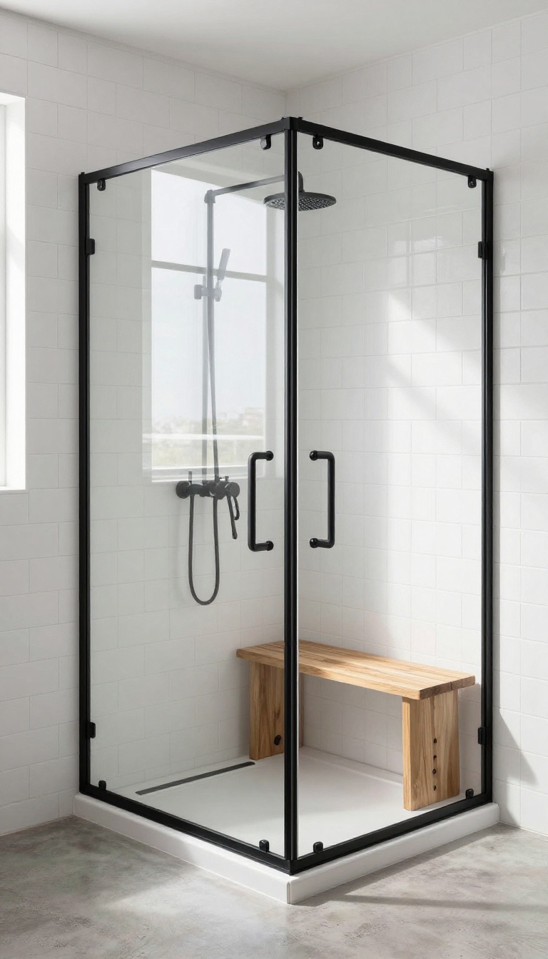 Modern bathroom with black-framed glass shower enclosure, white tiles, and teak wood bench.