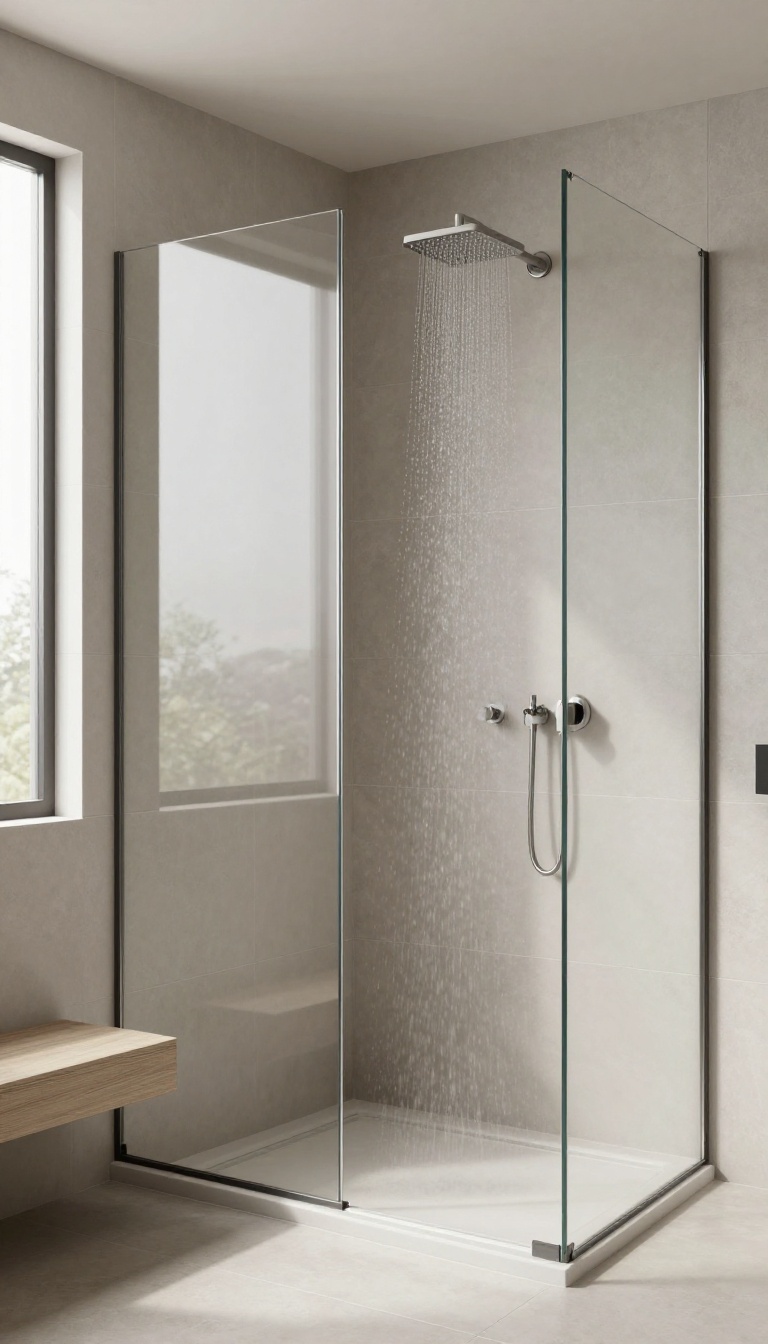 Modern small shower with large-format gray tiles, glass enclosure, and natural light