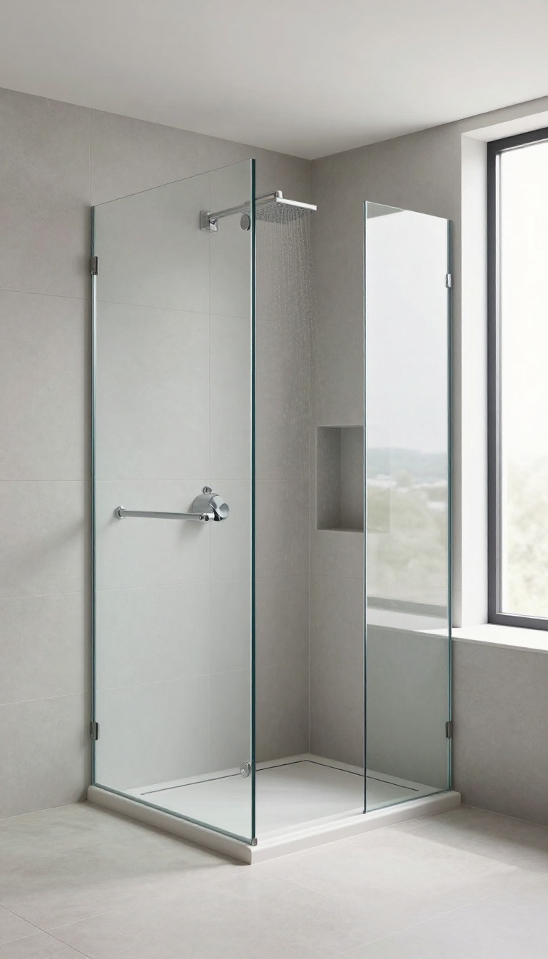 Modern walk-in shower with a single fixed glass panel partial enclosure, featuring light gray tiles and a rainfall showerhead.