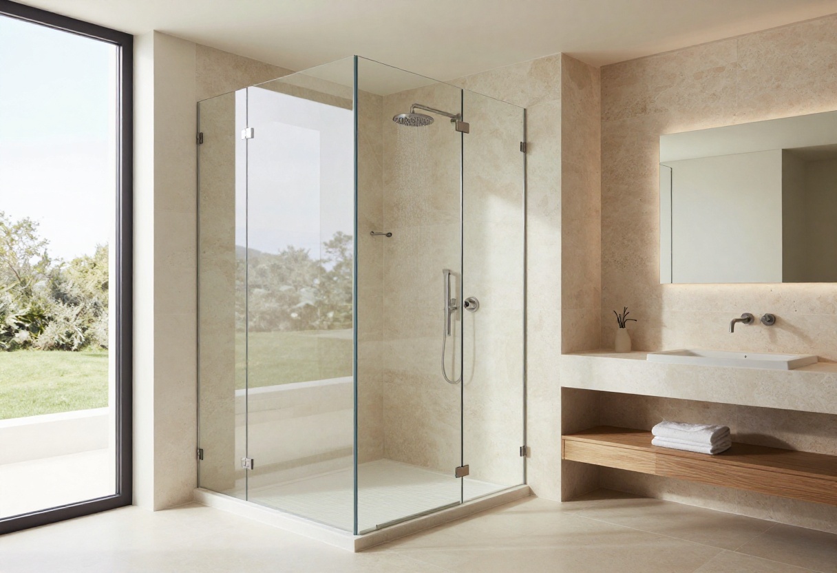 Large walk-in shower with frameless glass, rainfall head, and stone tiles