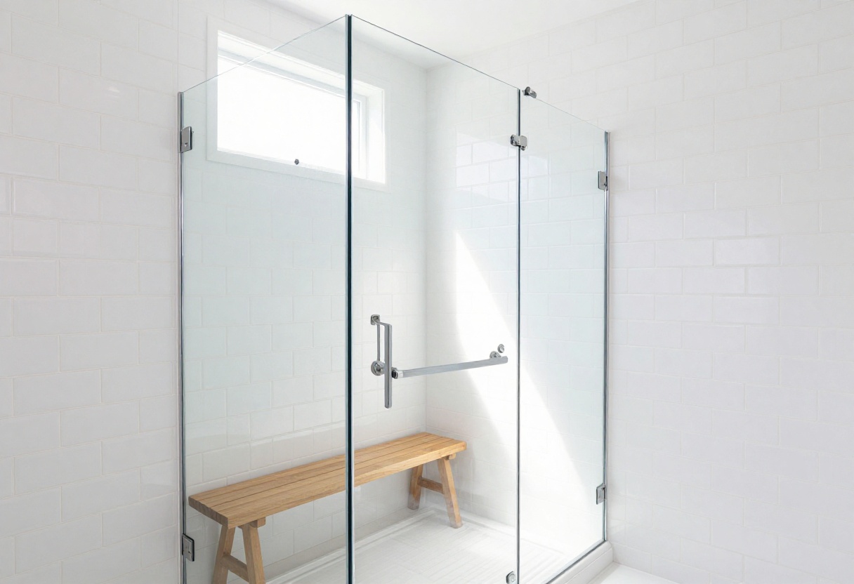 Modern bathroom with frameless glass shower enclosure and white subway tile