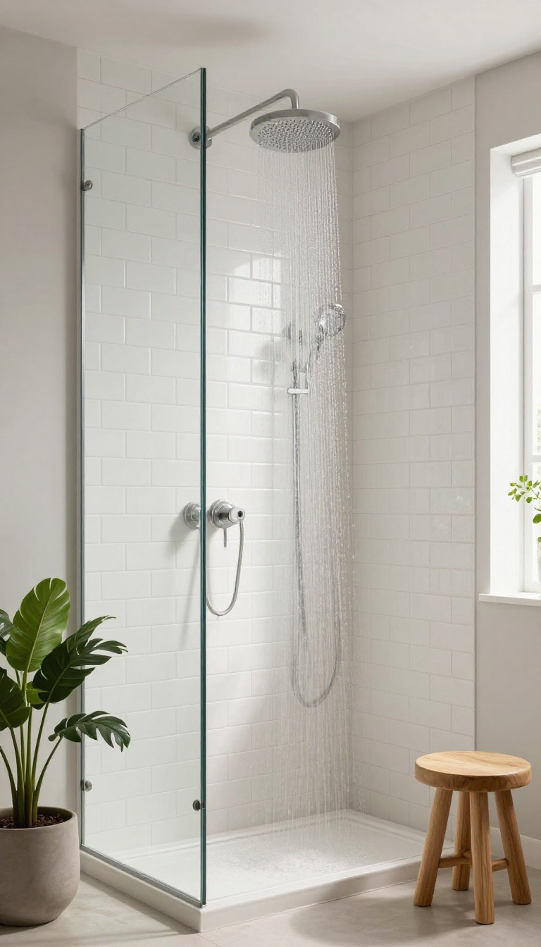 Modern bathroom shower with vertical white subway tiles, glass enclosure, rainfall showerhead, wooden stool, and plants