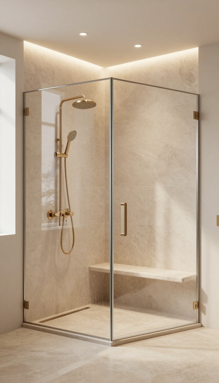 Modern double shower with integrated lighting, recessed ceiling lights, and LED strips in niches, creating a warm spa-like ambiance.