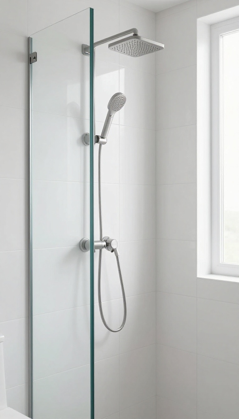 Modern bathroom shower with large white tiles in a vertical stacked layout, frameless glass, and minimalist fixtures, bright natural light