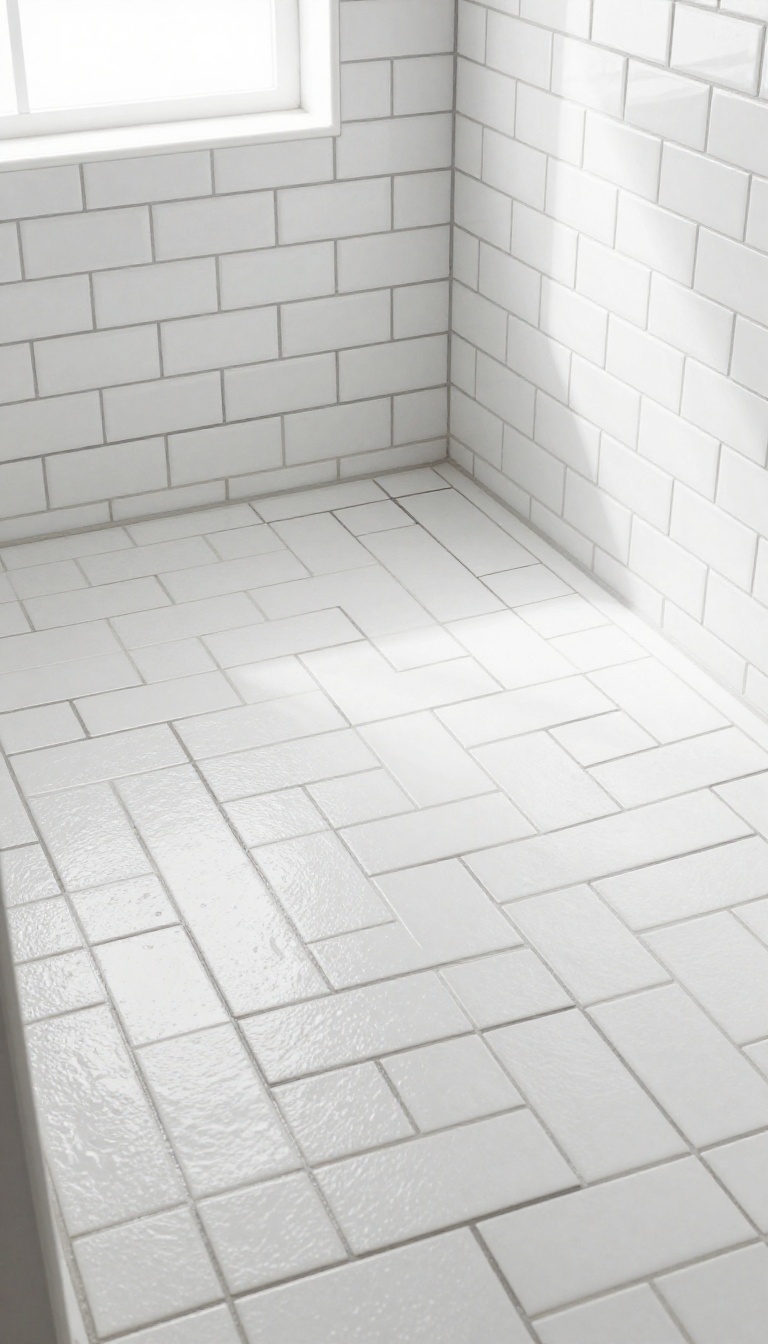 White subway tile shower floor in a herringbone pattern with dark grout, bright natural light, modern bathroom