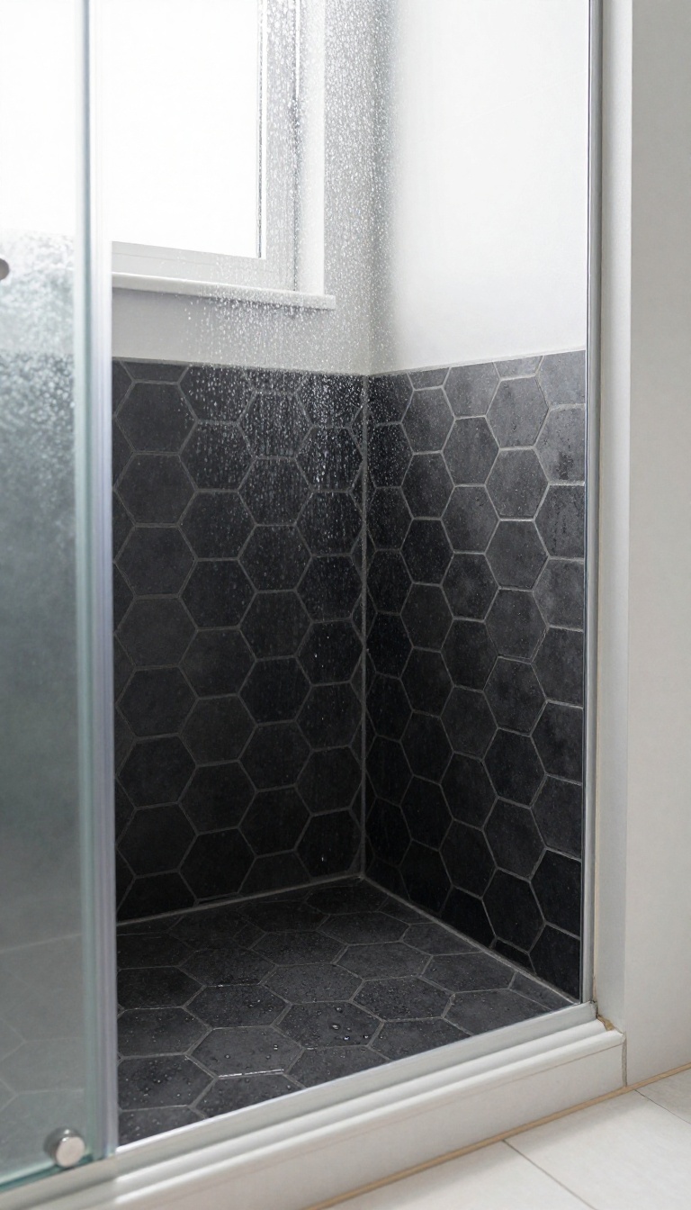 Matte black hexagon shower floor tiles with dark grout in a bright bathroom