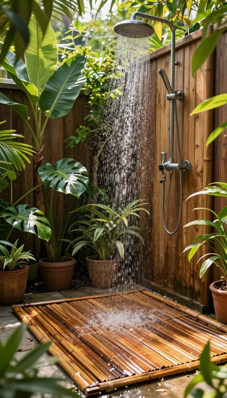 Outdoor shower with a bamboo mat on the ground, surrounded by tropical plants in sunlight