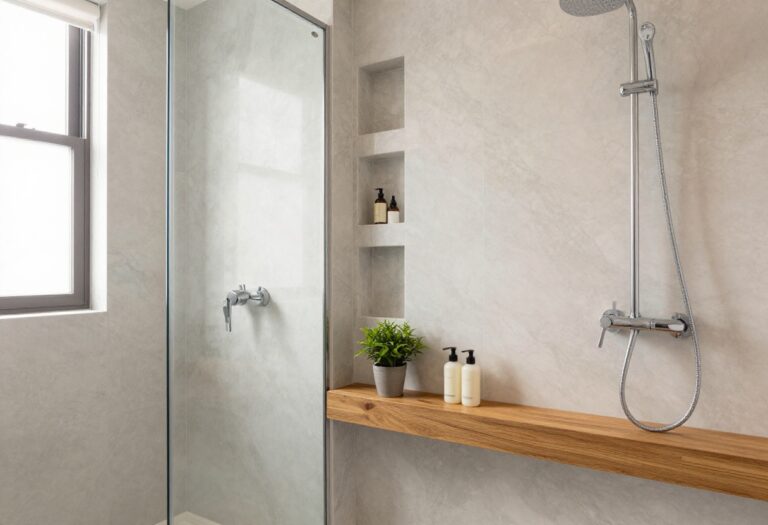 Modern shower with built-in shelves and teak accents