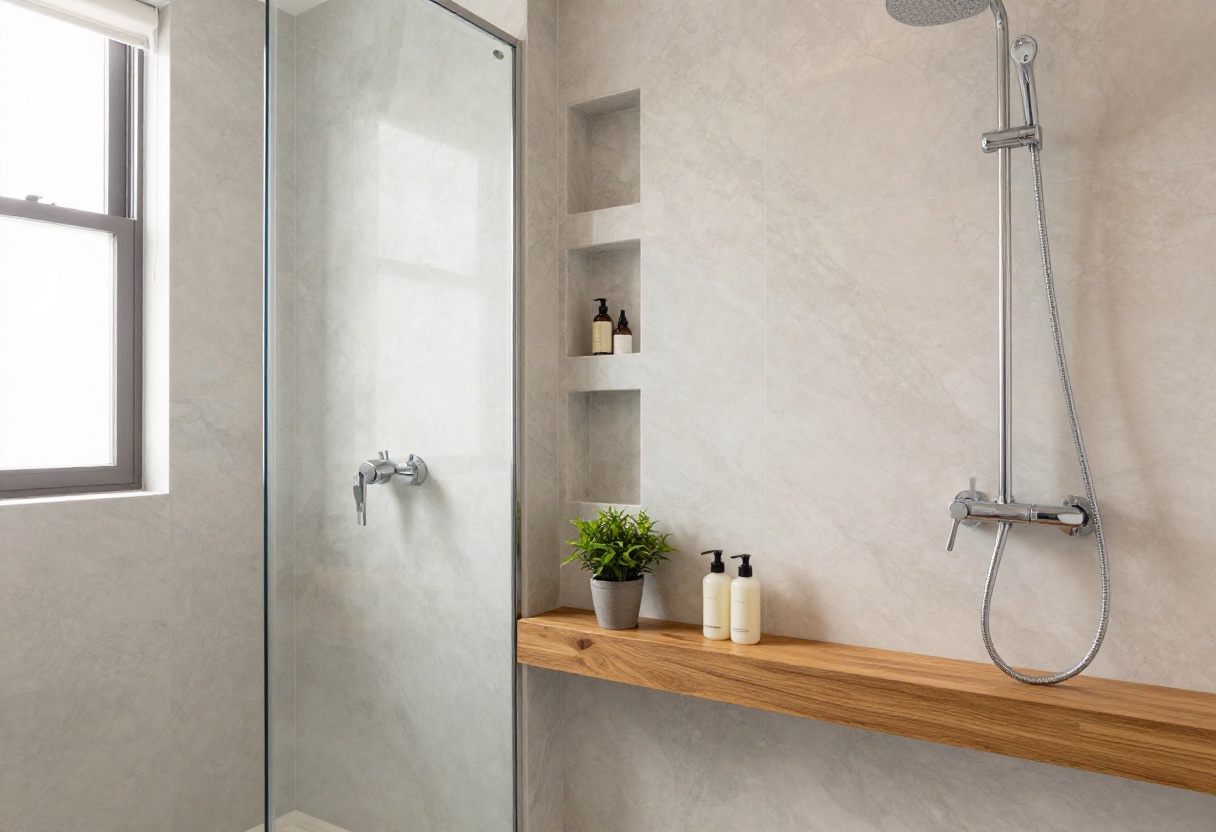 Modern shower with built-in shelves and teak accents