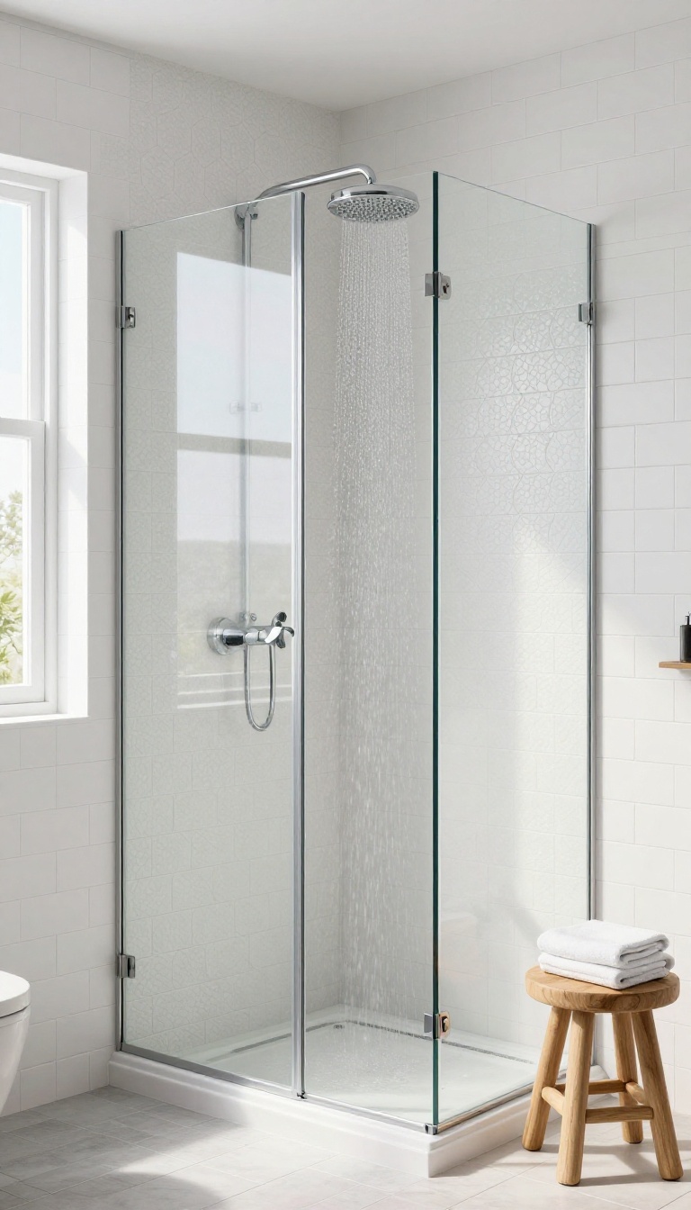 Modern white shower with hexagon tile accent wall in bright natural light