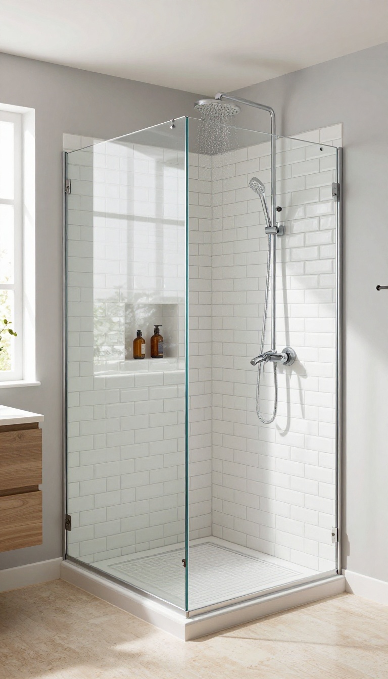 Corner walk-in shower with white subway tile accent wall, dark grout, and glass enclosure in a bright bathroom
