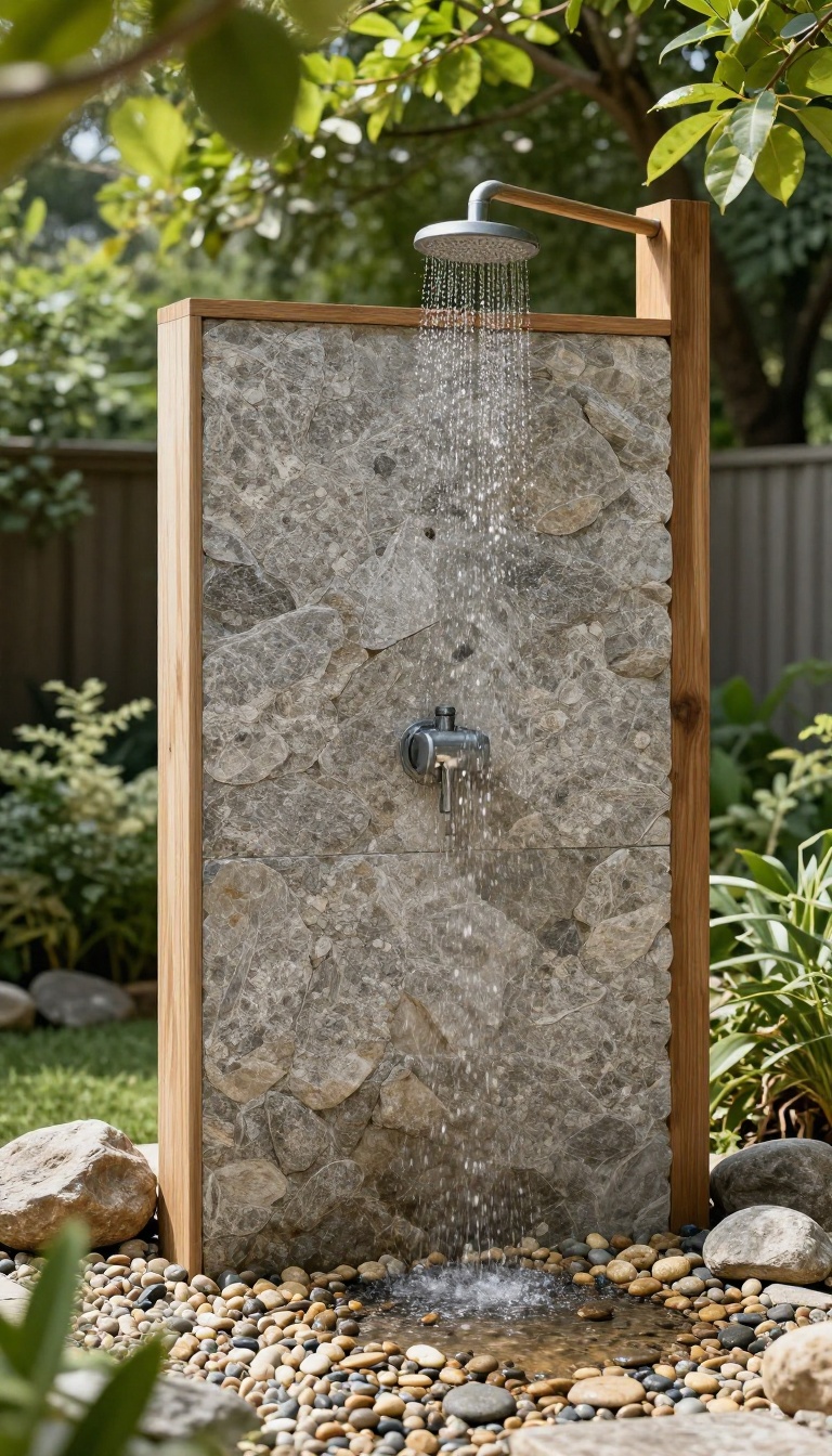 Outdoor shower with a gravel and river rock floor in a sunny backyard
