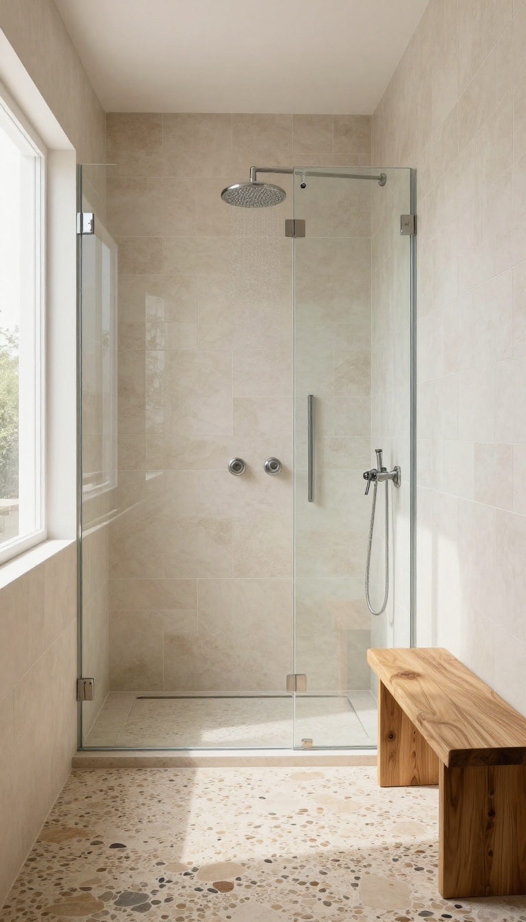 Modern shower with pebble floor, ceramic walls, and glossy accent tile in natural light