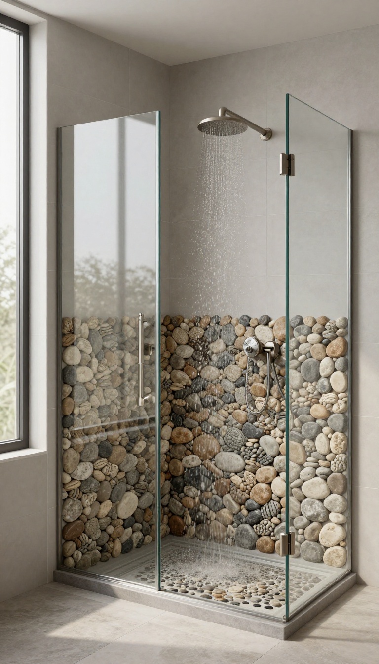 Walk-in shower with natural stone and pebble floor, glass panel, and brushed nickel fixtures in a bright, modern bathroom.