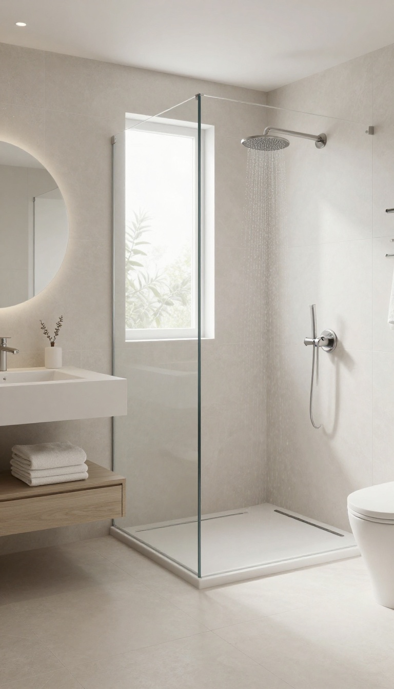 Small bathroom with curbless walk-in shower featuring a linear drain and flat tile floor