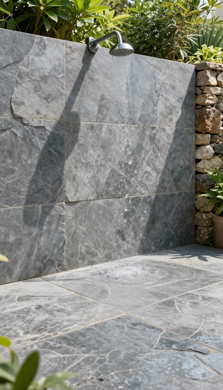 Outdoor shower floor with large slate tiles in a garden setting