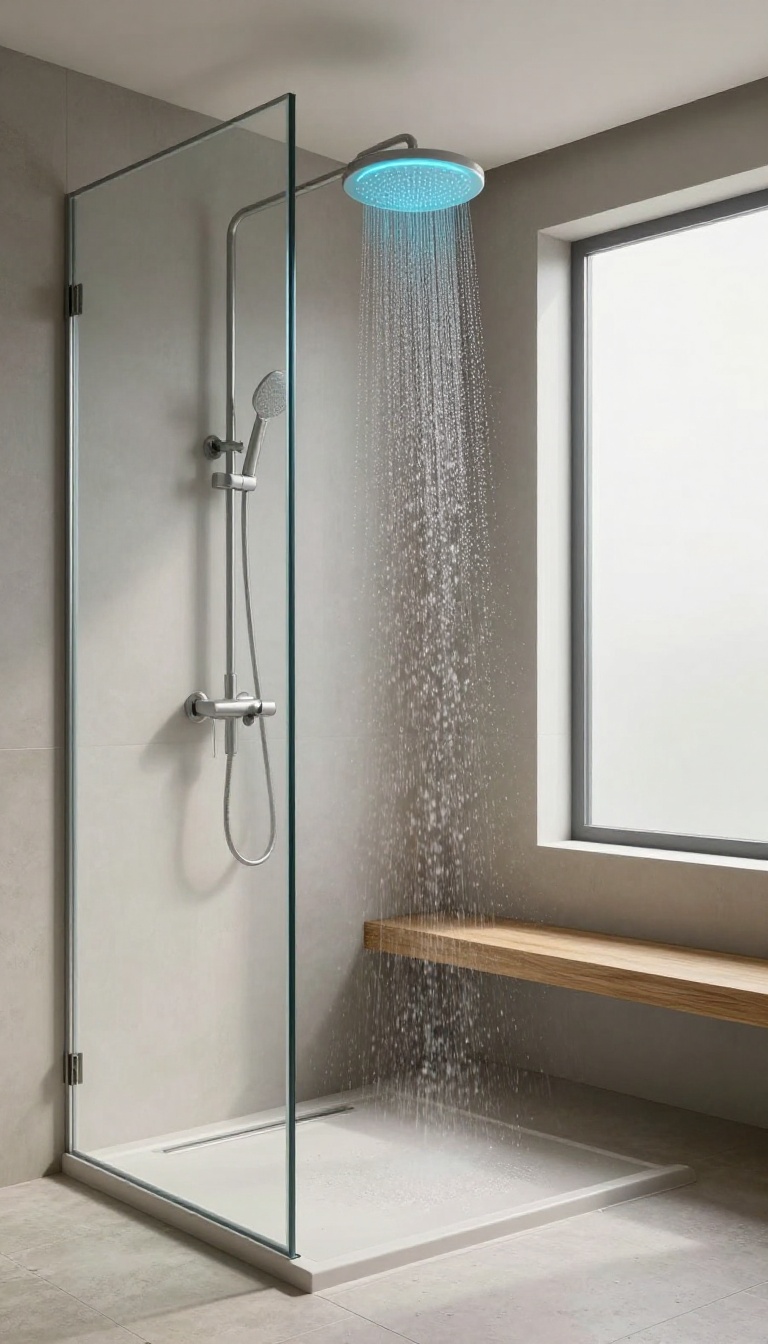 Rainfall showerhead with blue LED lighting in a modern bathroom