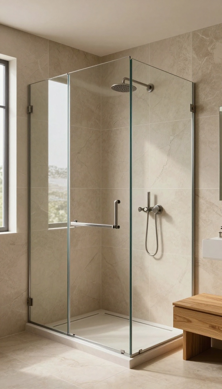 Warm, spacious walk-in shower with large-format porcelain tiles featuring subtle vein patterns, natural light, and a clean, spa-like aesthetic.