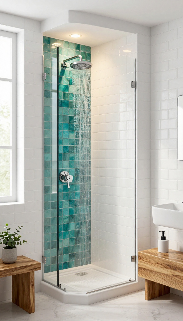 Modern bathroom shower with a bright teal tile niche as a focal point, surrounded by white subway tiles, with natural light and a wooden bench.
