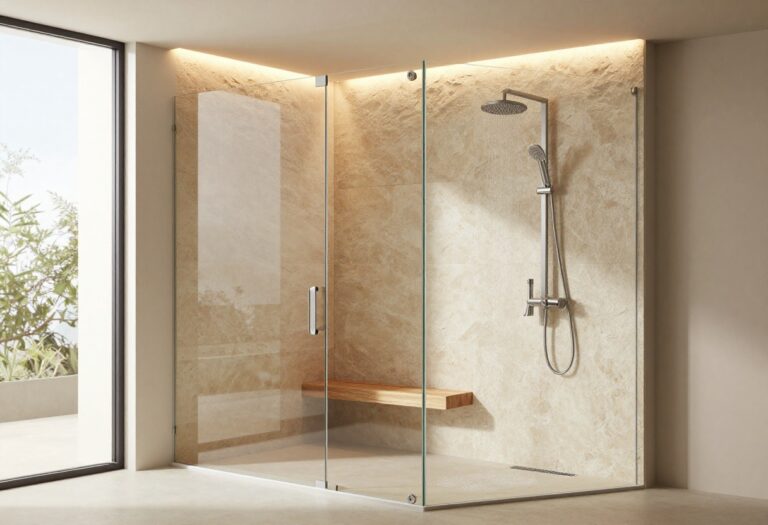 Modern stand-up shower with stone wall, teak bench, and rainfall showerhead