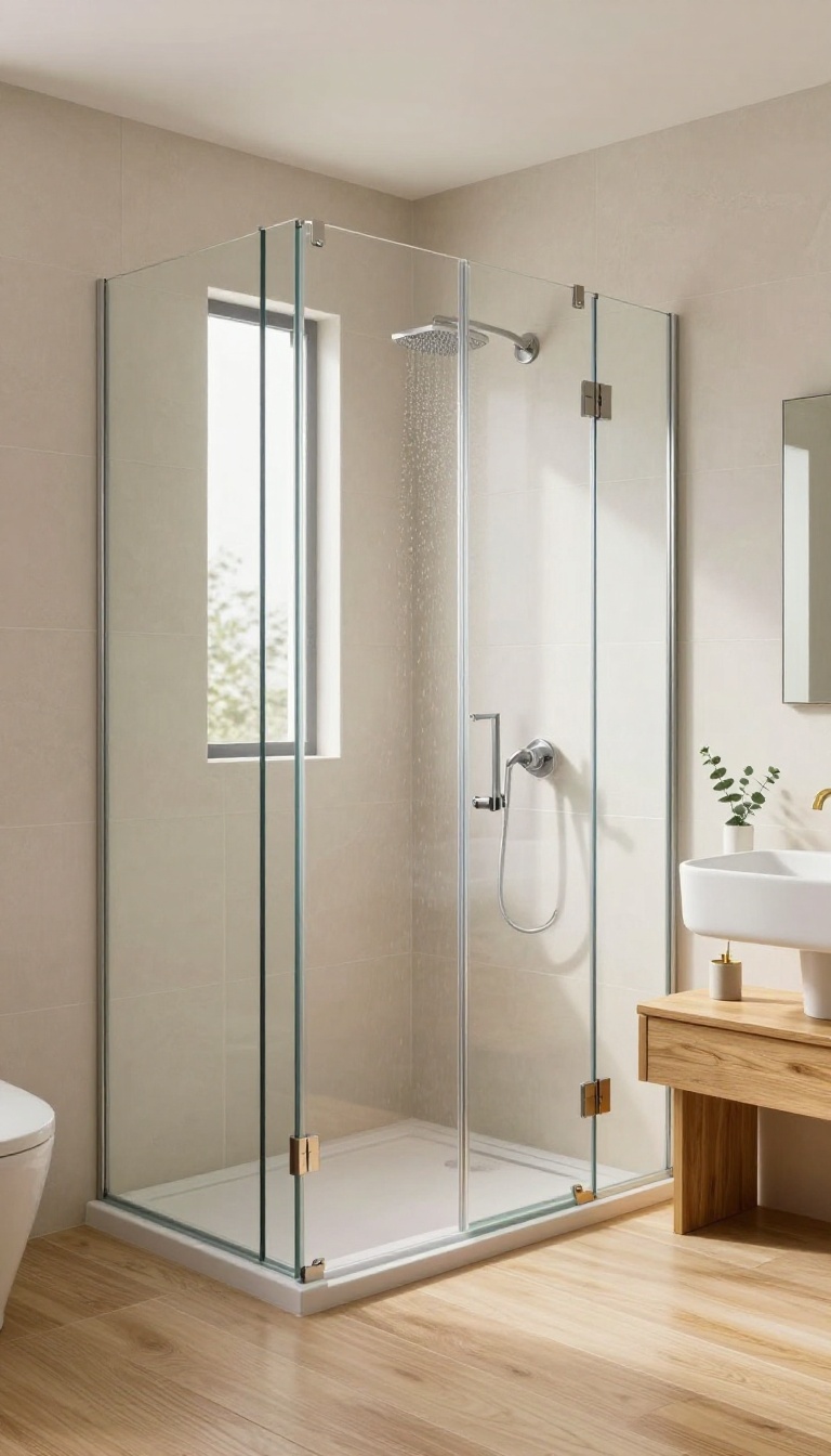 Frameless glass shower enclosure with warm tile and natural light in a modern bathroom