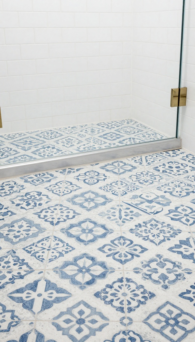 Patterned cement tile shower floor in a bright modern bathroom