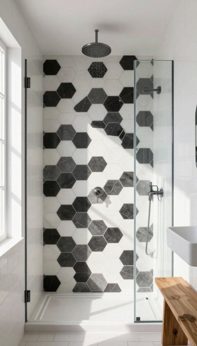 Modern shower with bold geometric hexagonal accent wall in black and white, complemented by plain white tiles and natural light.