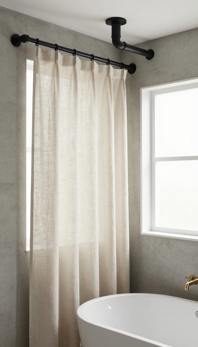 Industrial pipe ceiling mount for a shower curtain in a modern bathroom with concrete walls and a linen curtain