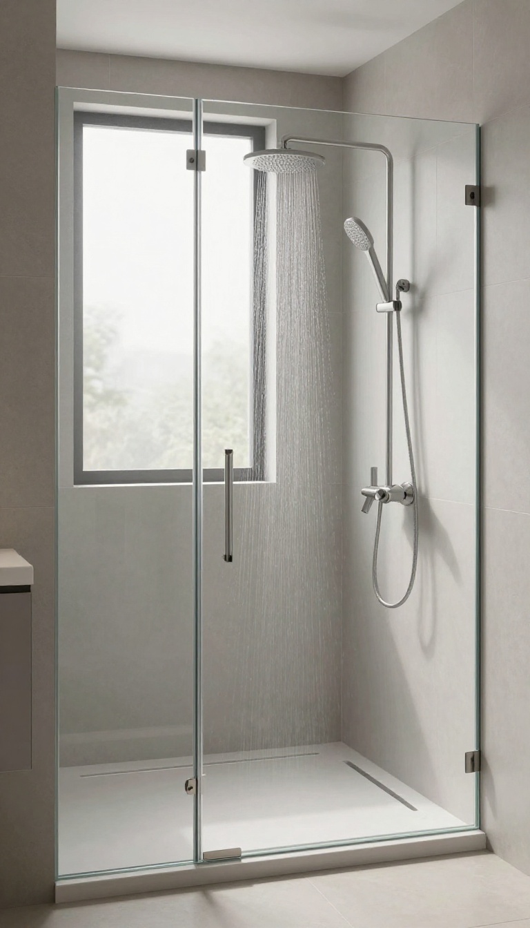 Modern bathroom shower with frameless glass panel and large-format tiles