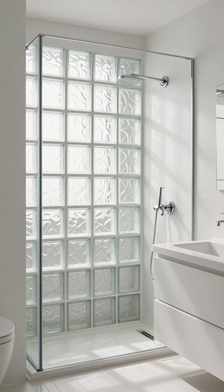 Modern bathroom with a glass block shower partition, allowing soft light while providing privacy