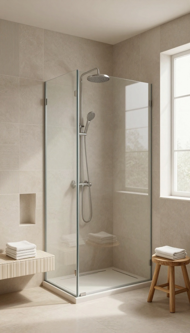 Modern shower with neutral textured tiles in beige and gray, featuring ribbed details and natural light
