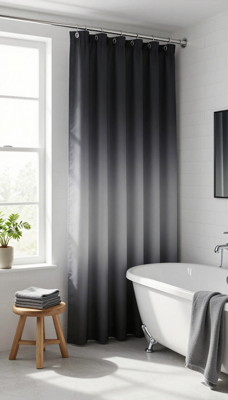 Black and gray ombre shower curtain in a bright, modern bathroom with white tiles and natural light.