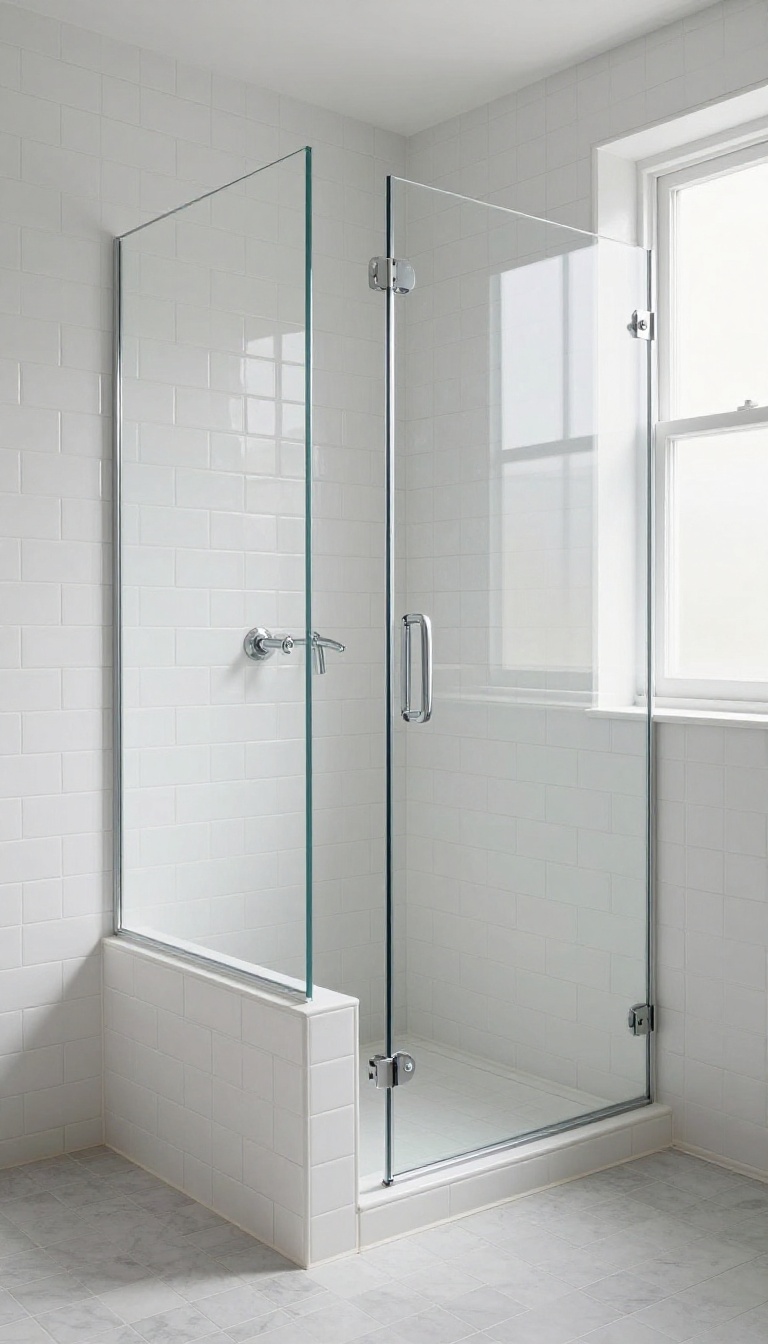 Floor-to-ceiling subway tile shower with a built-in bench in a bright, spa-like bathroom.