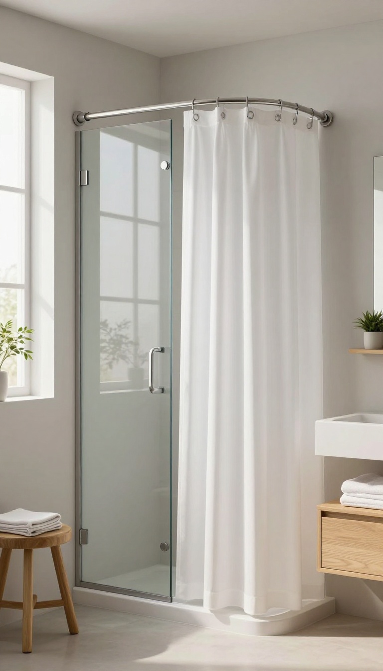 Modern bathroom with hookless shower curtain rings on a glass door, bright and clean design