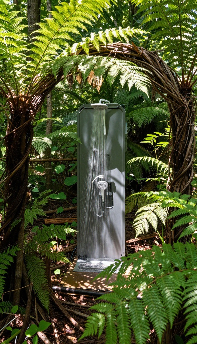 Natural privacy screen made of branches and ferns around a camping shower in a forest
