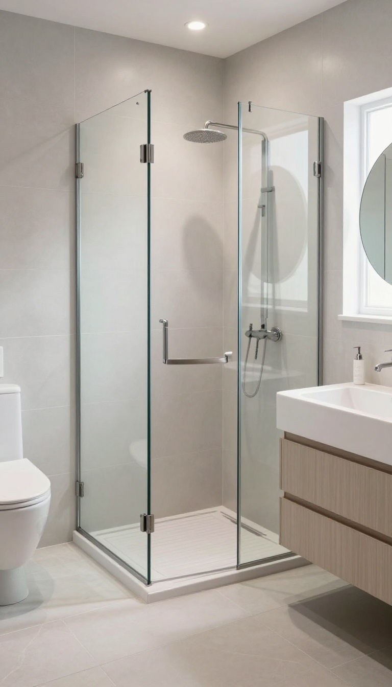 Small bathroom with a walk-in shower using a single glass panel instead of a full enclosure, creating an open and airy feel.