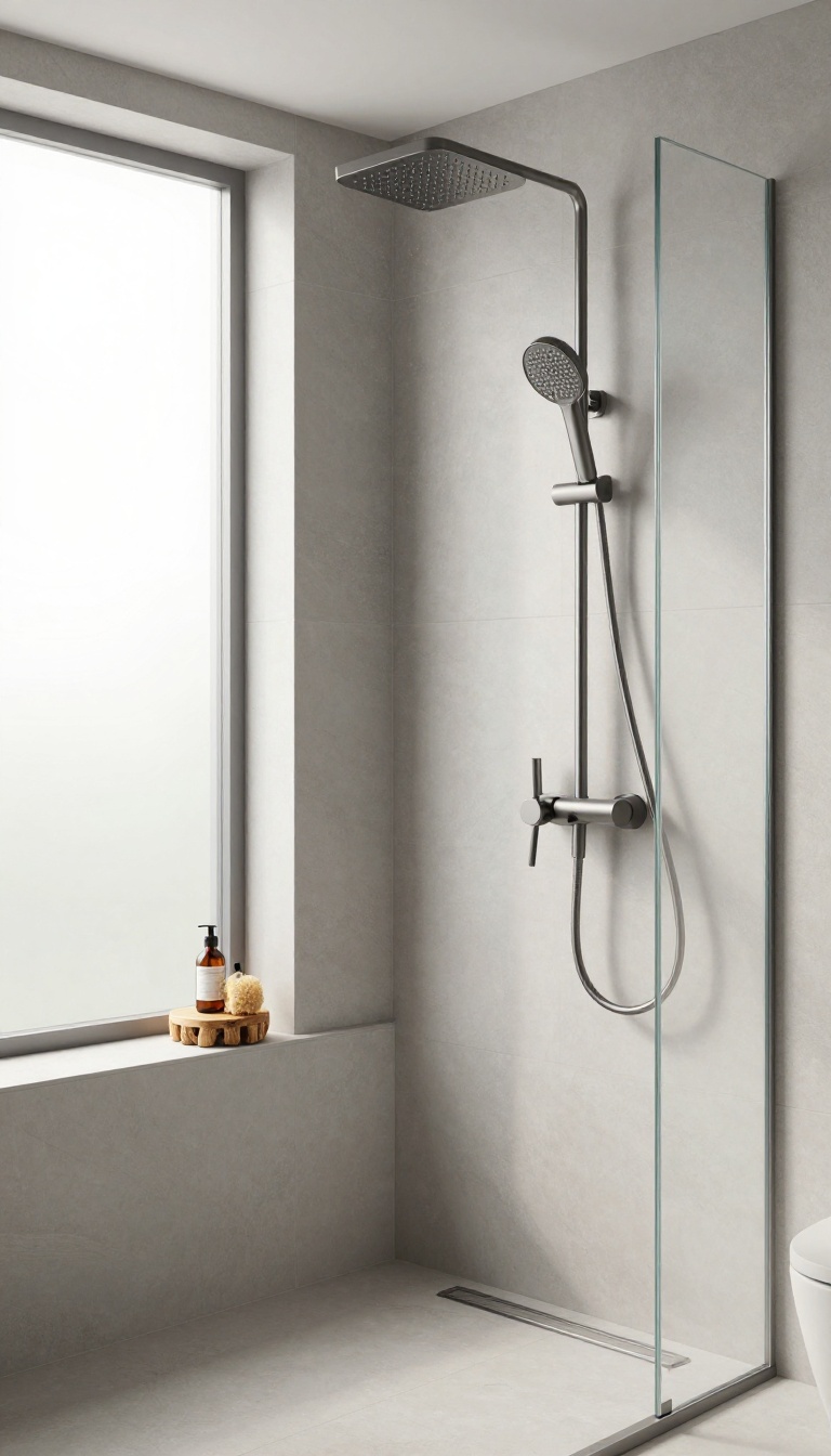 Luxury bathroom shower with dual showerheads, rain head and handheld sprayer, in a bright modern spa-like setting