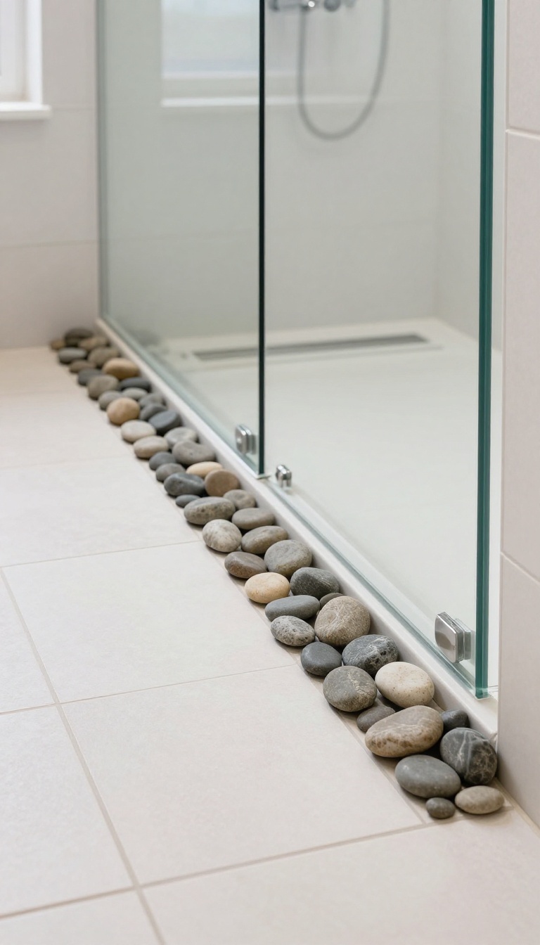 River rock threshold transitioning from bathroom floor to shower base, with natural light and minimalist design